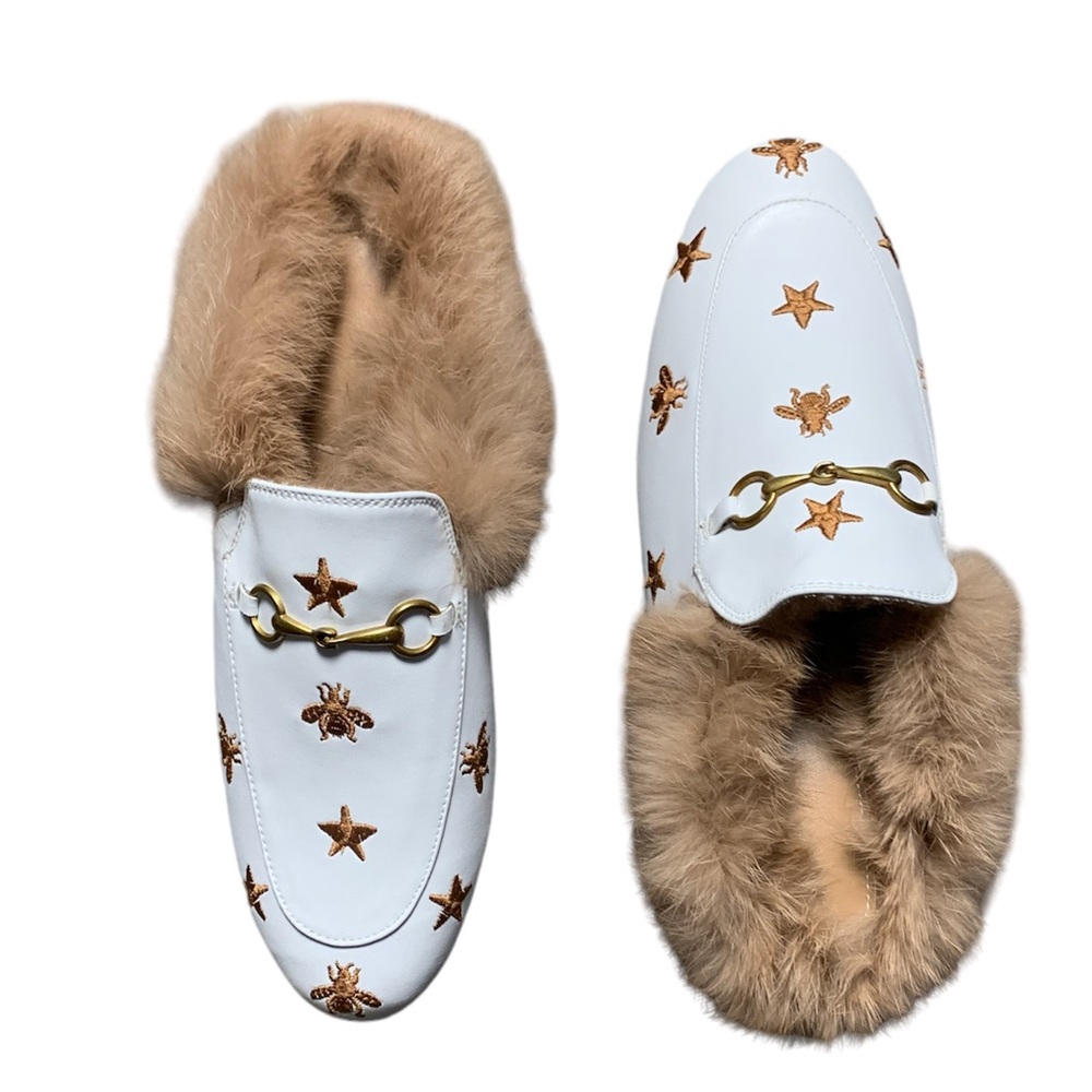 Bee Star White Leather Embroidered Bee Star Fur Lined Slip On Mules 41